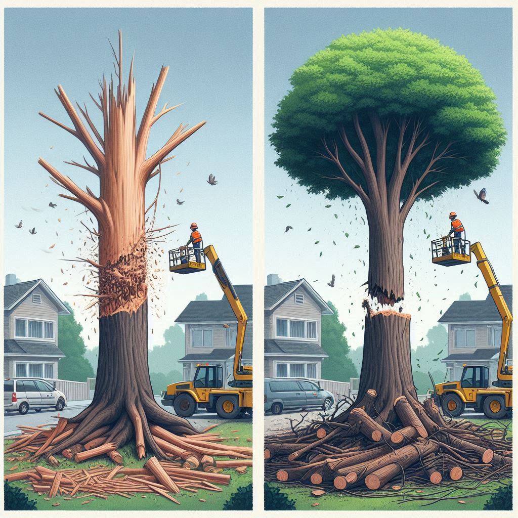 Before and after images of a tree removal, showing the tree safely removed