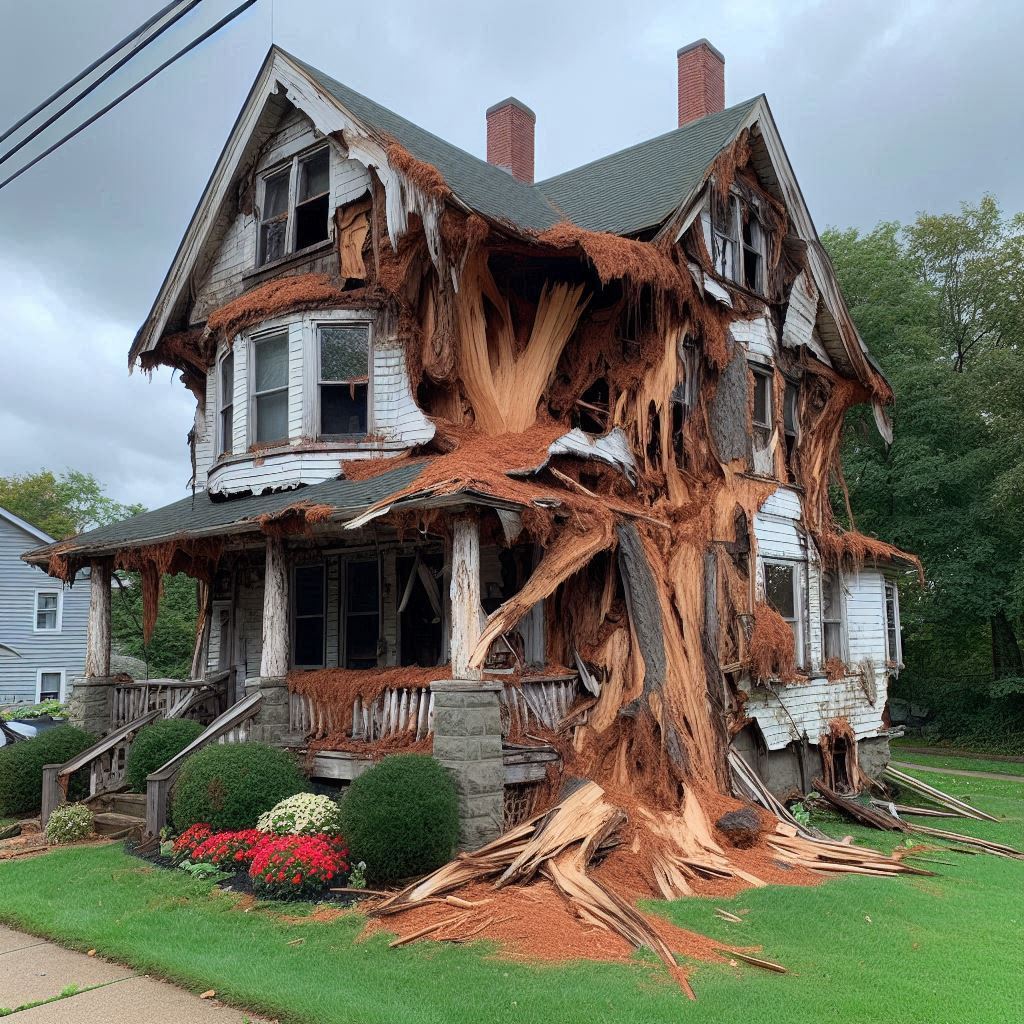 Damaged tree on an Tyler home showing signs of disease and decay