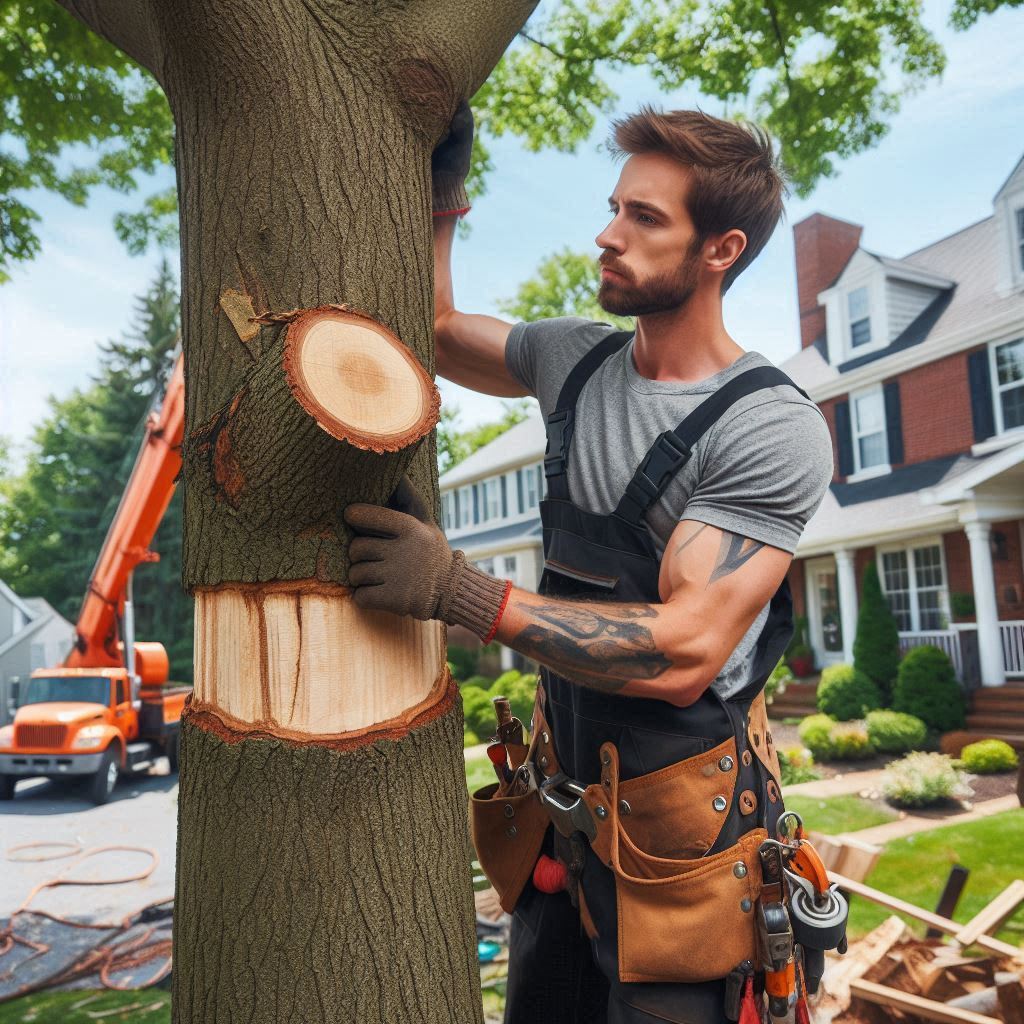 Tree removal expert performing maintenance on a typical Texas home's trees